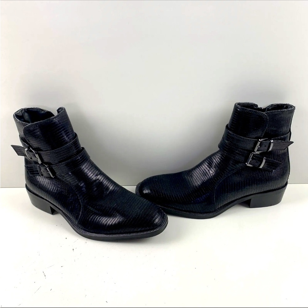 ALDO Bronco Black Reptile Print Leather Buckle Strap Side Zip Boots Mens 10/43